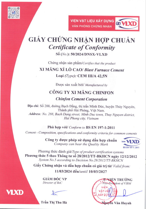 Picture for news item GIẤY CHỨNG NHẬN HỢP CHUẨN CHO XI MĂNG XỈ LÒ CAO