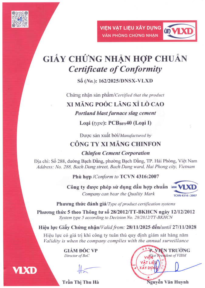 Picture for news item GIẤY CHỨNG NHẬN HỢP CHUẨN CHO XI MĂNG POÓC LĂNG XỈ LÒ CAO